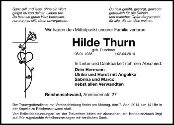 Traueranzeige von Hilde Thurn von Hersbrucker Zeitung