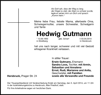 Traueranzeige von Hedwig Gutmann von Hersbrucker Zeitung