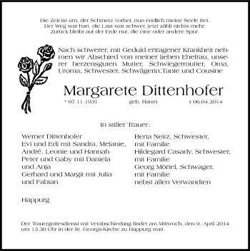 Traueranzeige von Margarete Dittenhofer von Hersbrucker Zeitung