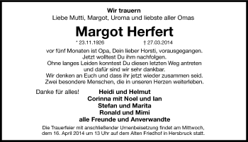 Traueranzeige von Margot Herfert von Hersbrucker Zeitung