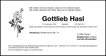 Traueranzeige von Gottlieb Hasl von Hersbrucker Zeitung