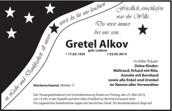 Traueranzeige von Gretel Alkov von Hersbrucker Zeitung