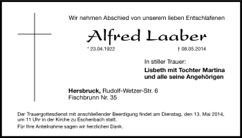 Traueranzeige von Alfred Laaber von Hersbrucker Zeitung