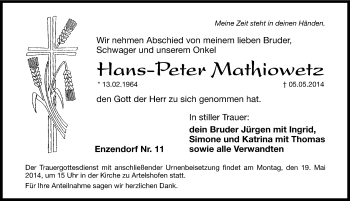 Traueranzeige von Hans-Peter Mathiowetz von Hersbrucker Zeitung