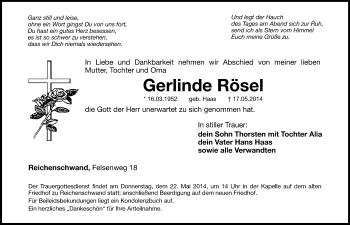 Traueranzeige von Gerlinde Rösel von Hersbrucker Zeitung