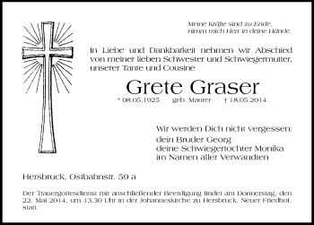 Traueranzeige von Grete Graser von Hersbrucker Zeitung
