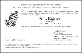 Traueranzeige von Fritz Eigner von Hersbrucker Zeitung