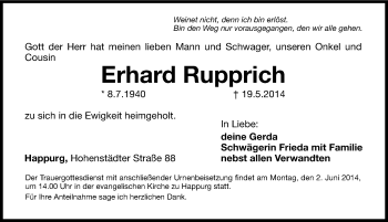 Traueranzeige von Erhard Rupprich von Hersbrucker Zeitung