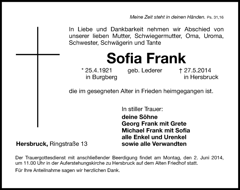  Traueranzeige für Sofia Frank vom 31.05.2014 aus Hersbrucker Zeitung