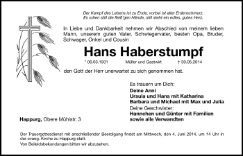Traueranzeige von Hans Haberstumpf von Hersbrucker Zeitung