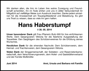 Traueranzeige von Hans Haberstumpf von Hersbrucker Zeitung