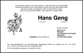 Traueranzeige von Hans Geng von Hersbrucker Zeitung