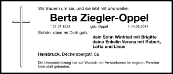 Traueranzeige von Berta Ziegler-Oppel von Hersbrucker Zeitung