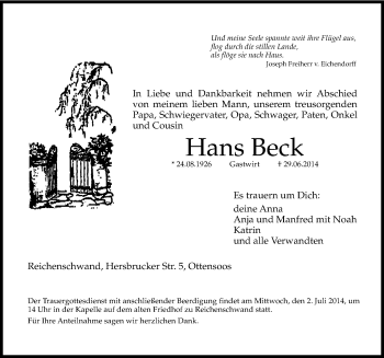 Traueranzeige von Hans Beck von Hersbrucker Zeitung