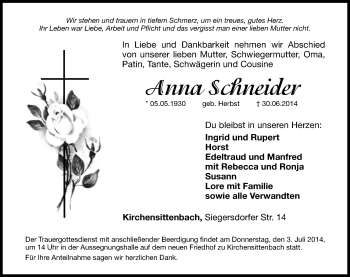 Traueranzeige von Anna Scfiweider von Hersbrucker Zeitung