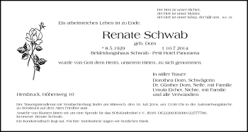 Traueranzeige von Renate Schwab von Hersbrucker Zeitung