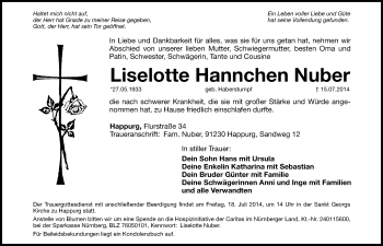 Traueranzeige von Liselotte Hannchen Nuber von Hersbrucker Zeitung
