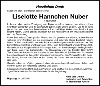 Traueranzeige von Liselotte Hannchen Nuber von Hersbrucker Zeitung