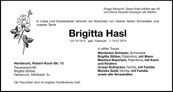 Traueranzeige von Brigitta Hasl von Hersbrucker Zeitung