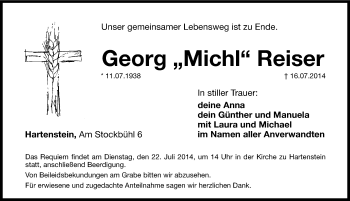 Traueranzeige von Georg Michl Reiser von Hersbrucker Zeitung