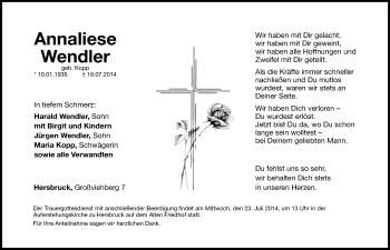 Traueranzeige von Annaliese Wendler von Hersbrucker Zeitung