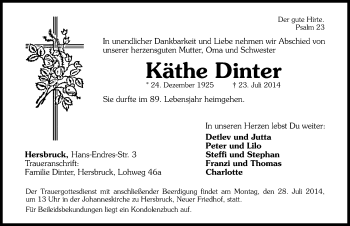 Traueranzeige von Käthe Dinter von Hersbrucker Zeitung