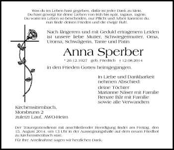 Traueranzeige von Anna Sperber von Hersbrucker Zeitung