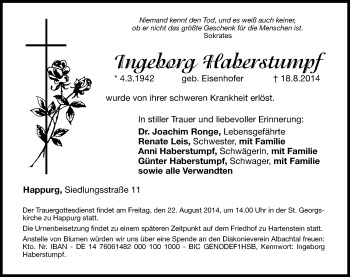 Traueranzeige von Ingeborg Haberstumpf von Hersbrucker Zeitung