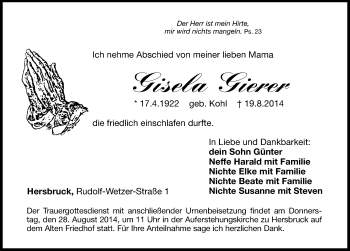 Traueranzeige von Gisela Gierer von Hersbrucker Zeitung