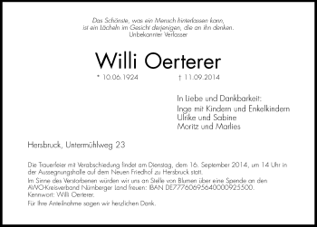 Traueranzeige von Willi Oerterer von Hersbrucker Zeitung