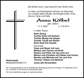 Traueranzeige von Anna Kölbel von Hersbrucker Zeitung