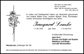 Traueranzeige von Irmgard Lemke von Hersbrucker Zeitung