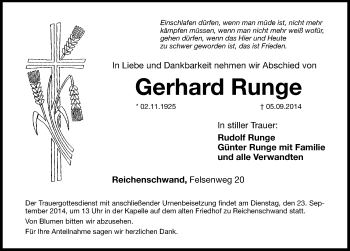 Traueranzeige von Gerhard Runge von Hersbrucker Zeitung