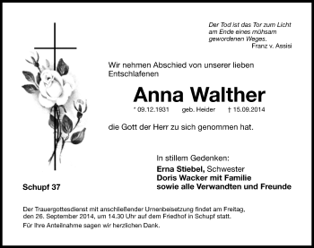 Traueranzeige von Anna Walther von Hersbrucker Zeitung