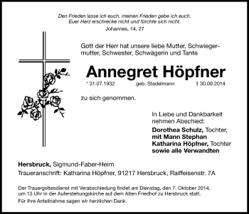 Traueranzeige von Annegret Höpfner von Hersbrucker Zeitung