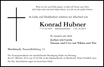 Traueranzeige von Konrad Hubner von Hersbrucker Zeitung