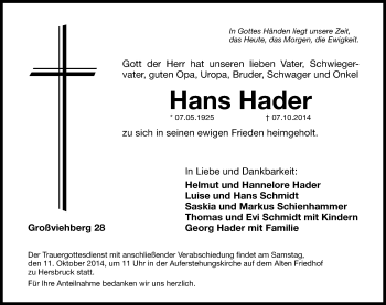 Traueranzeige von Hans Hader von Hersbrucker Zeitung