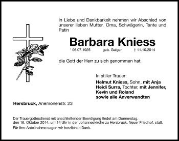 Traueranzeige von Barbara Kniess von Hersbrucker Zeitung