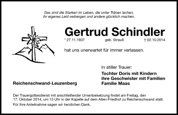 Traueranzeige von Gertrud Schindler von Hersbrucker Zeitung