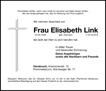 Traueranzeige von Elisabeth Link von Hersbrucker Zeitung