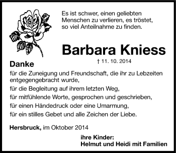 Traueranzeige von Barbara Kniess von Hersbrucker Zeitung