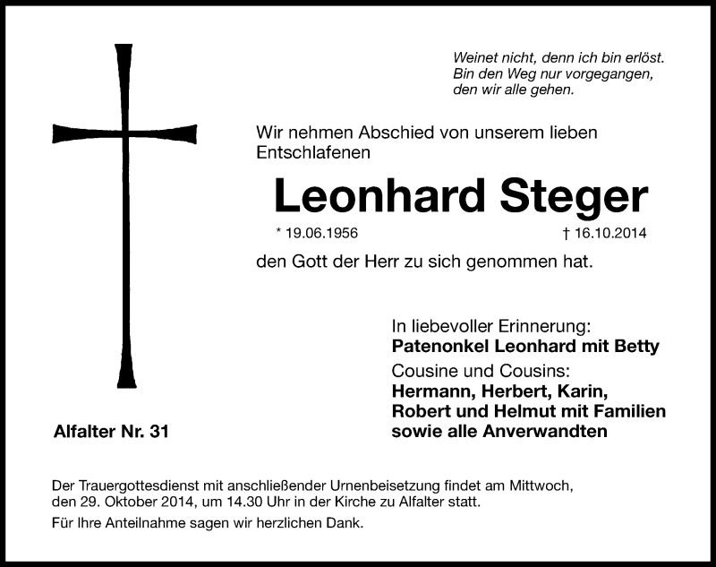  Traueranzeige für Leonhard Steger vom 25.10.2014 aus Hersbrucker Zeitung