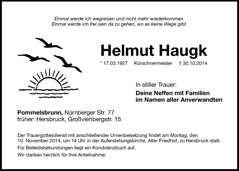  Traueranzeige für Helmut Haugk vom 07.10.2014 aus Hersbrucker Zeitung