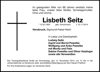 Traueranzeige von Lisbeth Seitz von Hersbrucker Zeitung
