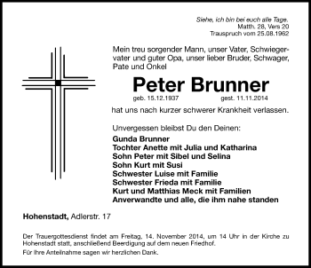 Traueranzeige von Peter Brunner von Hersbrucker Zeitung