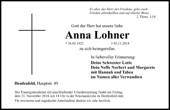 Traueranzeige von Anna Lohner von Hersbrucker Zeitung