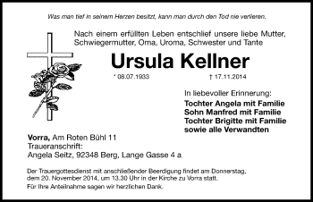 Traueranzeige von Ursula Kellner von Hersbrucker Zeitung