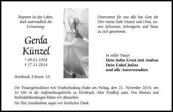 Traueranzeige von Gerda Künzel von Hersbrucker Zeitung