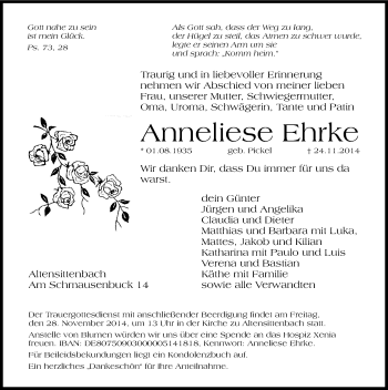 Traueranzeige von Anneliese Ehrke von Hersbrucker Zeitung
