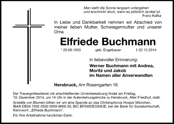 Traueranzeige von Elfriede Buchmann von Hersbrucker Zeitung